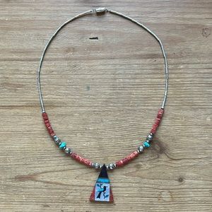 Vintage coral, turquoise, liquid silver with bird pendant necklace
